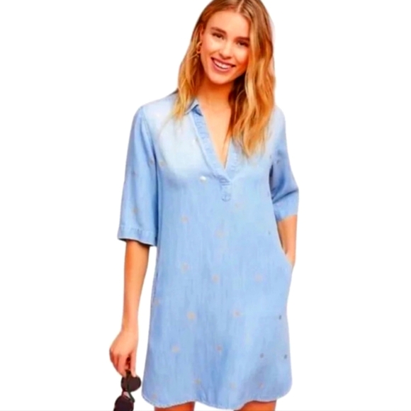 Anthropologie Cloth & Stone Gold-Dotted Chambray Dress - Picture 2 of 12